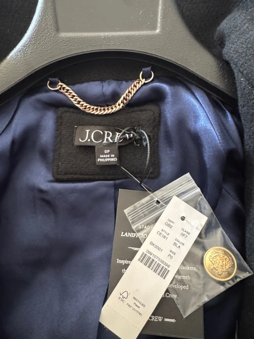 J. Crew Black Wool-Blend Funnel Neck Pea Coat with Gold Buttons - Picture 5 of 11